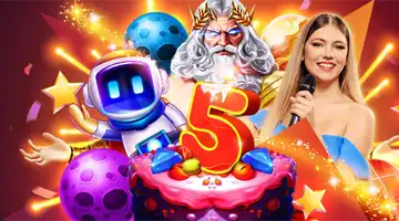 Image featuring characters such as Zeus and a robot, promoting the 5-year anniversary Pragmatic Tournament at Aurora Internet Casino, with a colorful and festive design.