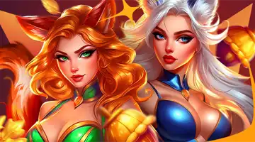 Image featuring two fierce female characters with fox and cat ears, promoting the Golden Fall Tournament at Aurora Internet Casino with a vibrant and competitive theme.