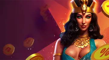 Image featuring an Egyptian queen holding gold coins, promoting the welcome bonus at Aurora Online Casino with a luxurious theme.