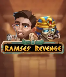 Uncover the mysterious world of Ramses' Revenge slot by Relax Gaming, highlighting a frightened explorer and a fierce mummy set against an Egyptian tomb backdrop. This image depicts the excitement of ancient Egyptian myths, perfect for those interested in historical adventures, offering a captivating escape. 